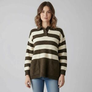 Vintage 100% Wool Olive Green Striped Collared Sweater with Pockets